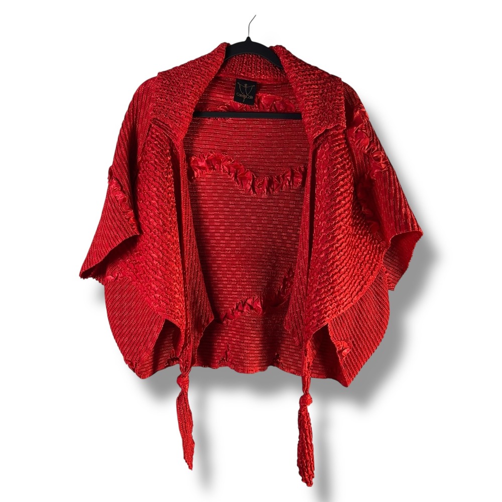Candiss Cole OSFM Red Textured Crinkle Cardigan Tassel Ties‎ Boho Artsty Classy